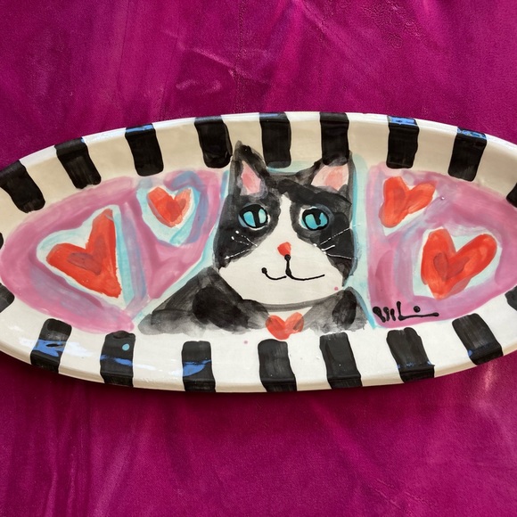 Handmade Ceramic Serving Tray 12.5”x5.5” original design Cat and Heart Design - Picture 2 of 12